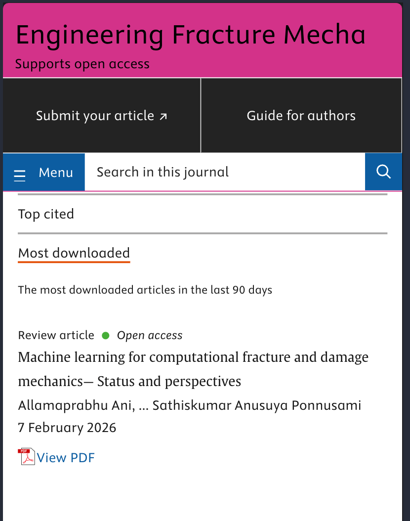 Screenshot of Engineering Fracture Mechanics Most Downloaded list with this paper at #1, captured 2026-04-30