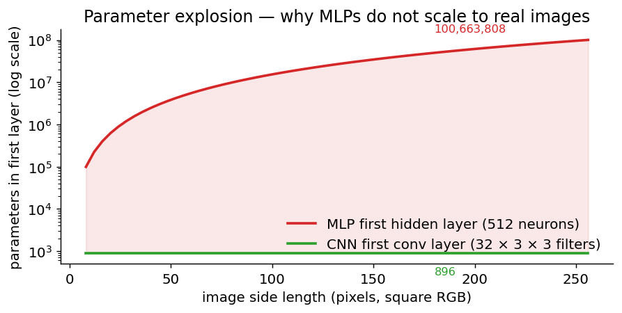 Log-scale plot of parameter count vs image side length; MLP grows quadratically, CNN stays flat