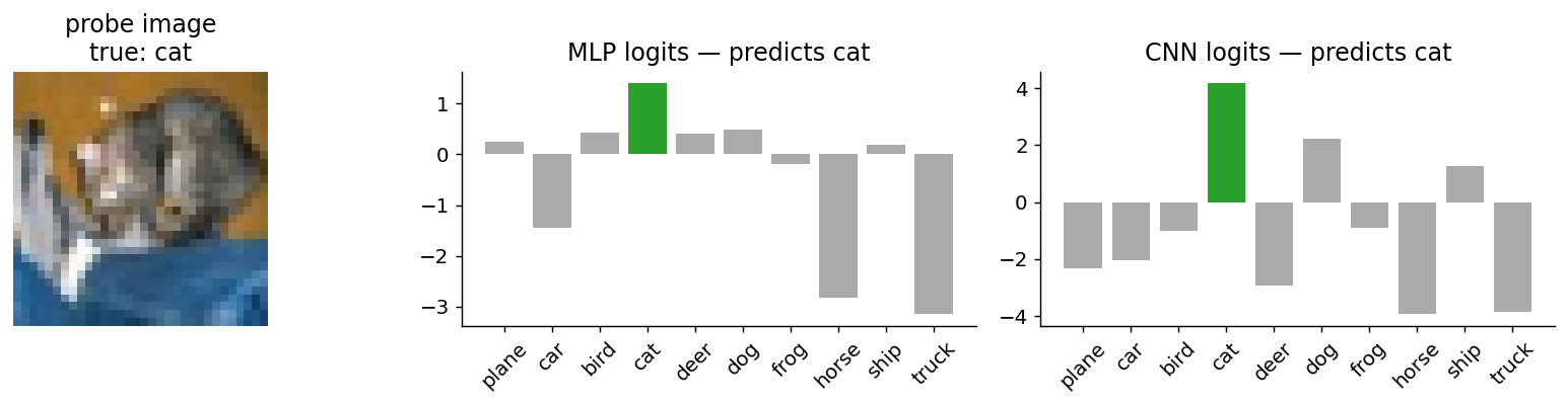 A probe cat image with bar plots of MLP and CNN logits over 10 classes